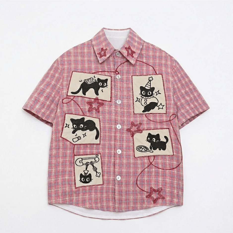 Retro Cute Cat Graphic Print Short Sleeve Button-Down Shirt | MuddyStock Originals Pink