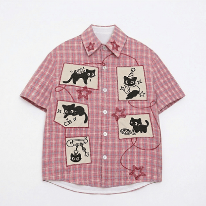 Retro Cute Cat Graphic Print Short Sleeve Button-Down Shirt | MuddyStock Originals Pink