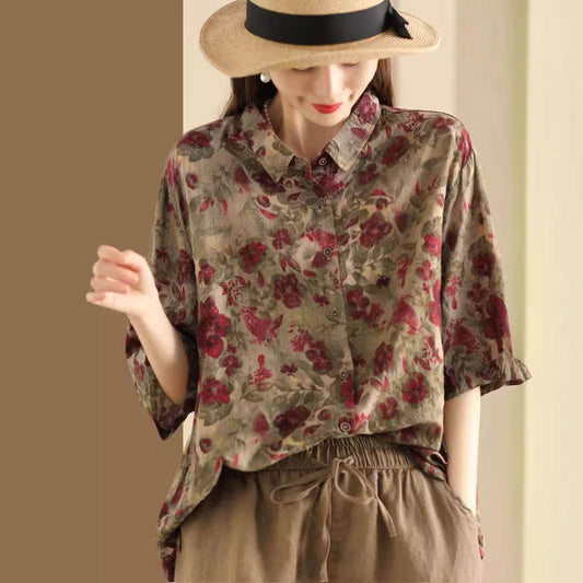 Retro Fried Color Printing Cotton Linen Shirt MuddyStock