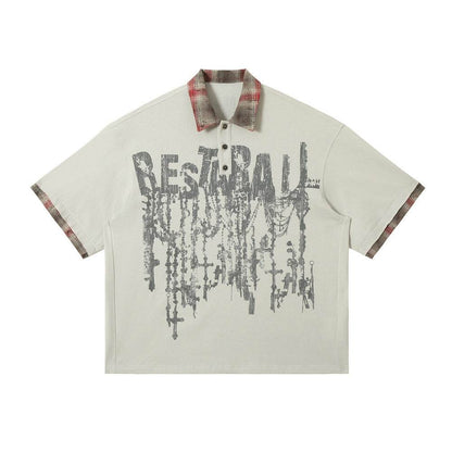 Lapel Graffiti Printing Loose Short-sleeved T-shirt For Men Wild Red MuddyStock