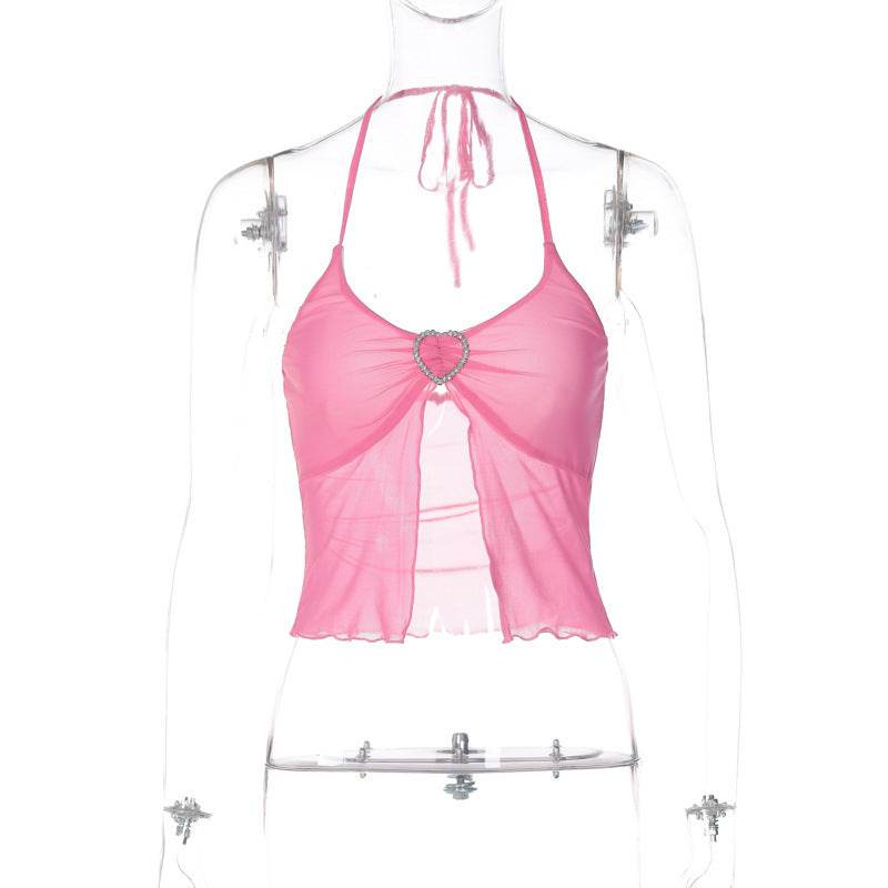 Pink Mesh Stitching Chest-wrapped Halter Vest For Women Pink MuddyStock