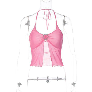 Pink Mesh Stitching Chest-wrapped Halter Vest For Women Pink