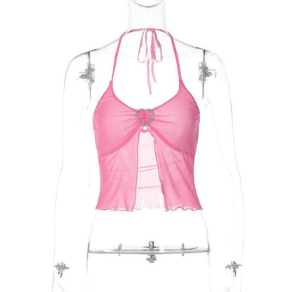 Pink Mesh Stitching Chest-wrapped Halter Vest For Women Pink MuddyStock