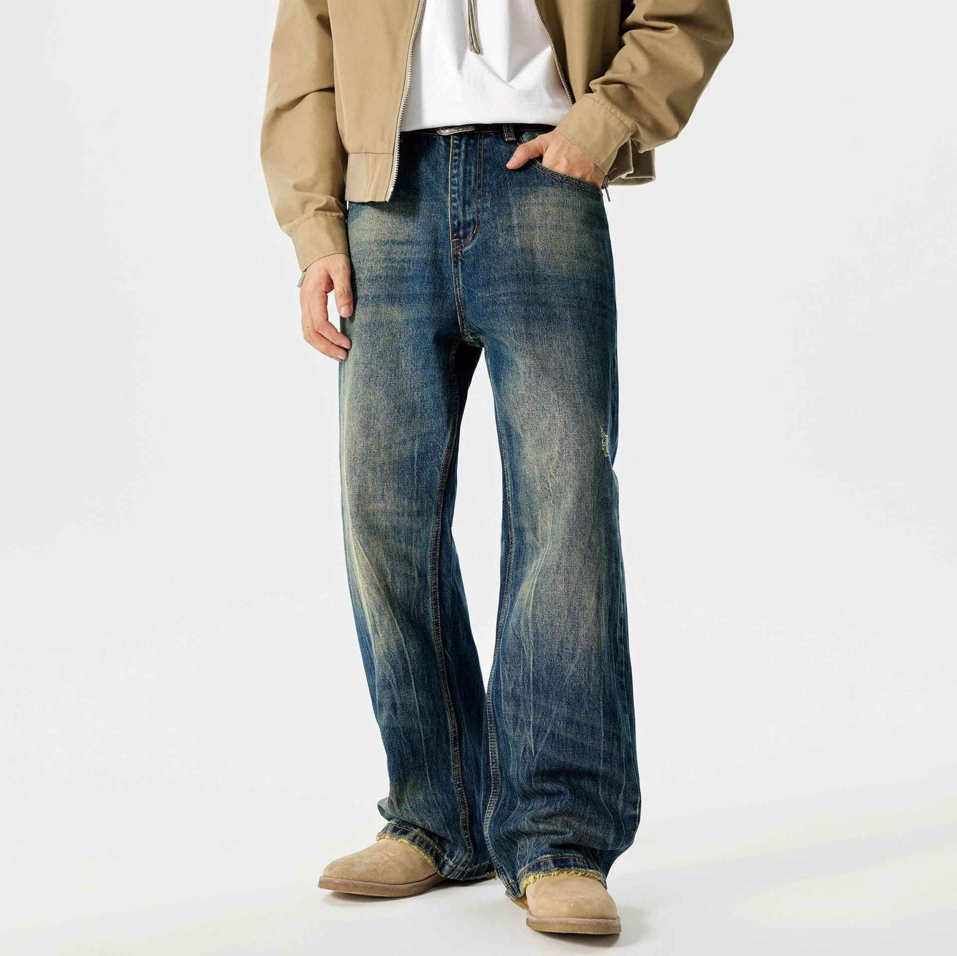 Street Scrape Water Pattern Simple Loose Micro-flared Jeans For Men MuddyStock