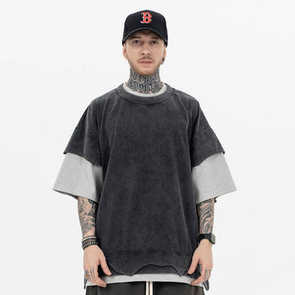 Distressed Heavy Patchwork Retro Double-layer Color Matching Short-sleeved T-shirt MuddyStock