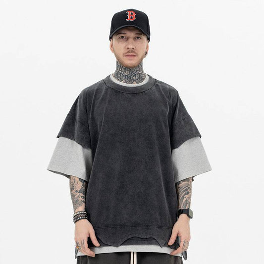 Distressed Heavy Patchwork Retro Double-layer Color Matching Short-sleeved T-shirt MuddyStock