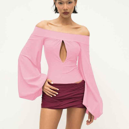 European and American Lantern Sleeve Hollow Top for Women | MuddyStock Originals Pink