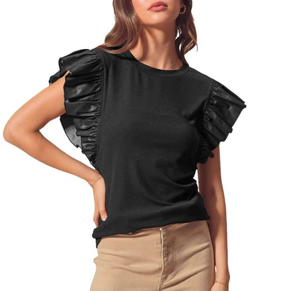 Pullover Women's Mesh Stitching Ruffle Cotton Short Sleeve Solid Color T-shirt MuddyStock