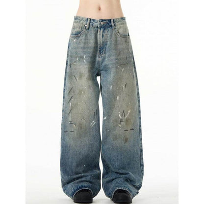 Splash-ink Jeans Men's Retro Washed Distressed Baggy Straight Trousers MuddyStock