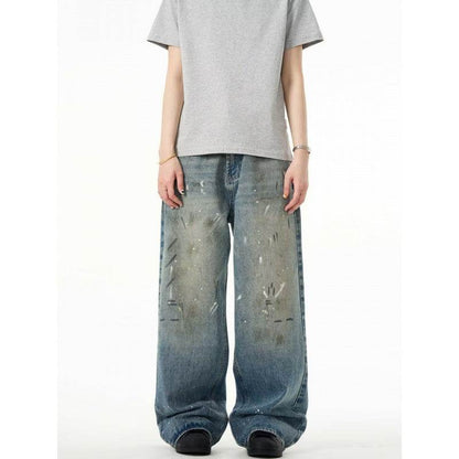 Splash-ink Jeans Men's Retro Washed Distressed Baggy Straight Trousers MuddyStock