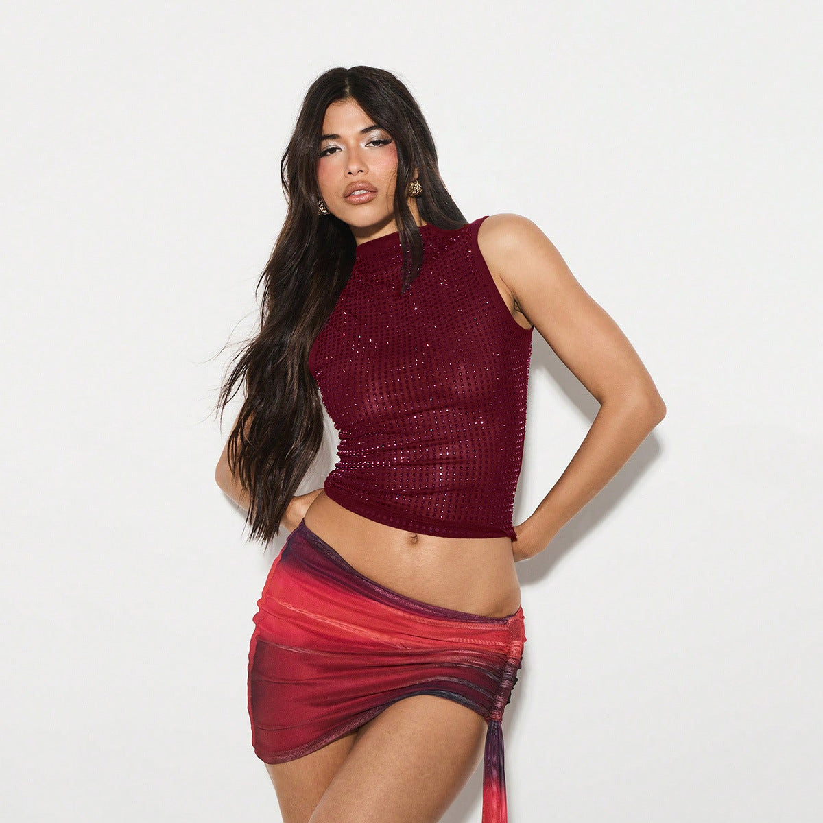 Slim and See-Through Mesh European and American Hot Diamond Vest For Women | MuddyStock Originals Red
