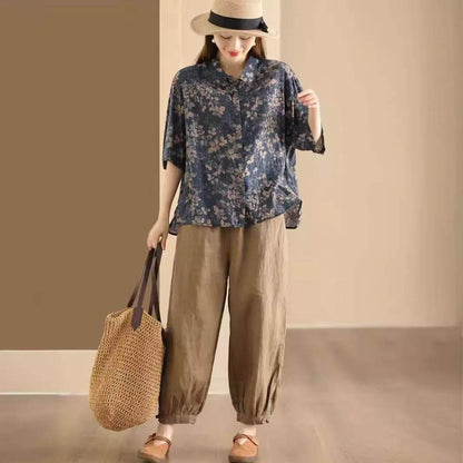 Retro Fried Color Printing Cotton Linen Shirt MuddyStock
