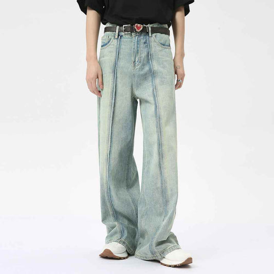 Retro Light Color Stitching Design Straight Wide Leg Jeans For Men MuddyStock