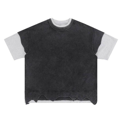 Distressed Heavy Patchwork Retro Double-layer Color Matching Short-sleeved T-shirt Black MuddyStock