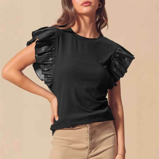 Pullover Women's Mesh Stitching Ruffle Cotton Short Sleeve Solid Color T-shirt MuddyStock