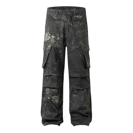 High Street American Splash-ink Distressed Pleated Multi-pocket Cargo Pants For Men And Women MuddyStock