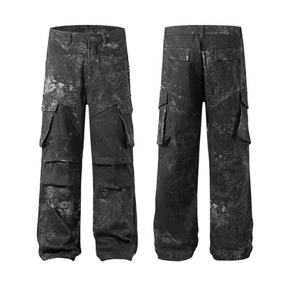 High Street American Splash-ink Distressed Pleated Multi-pocket Cargo Pants For Men And Women MuddyStock