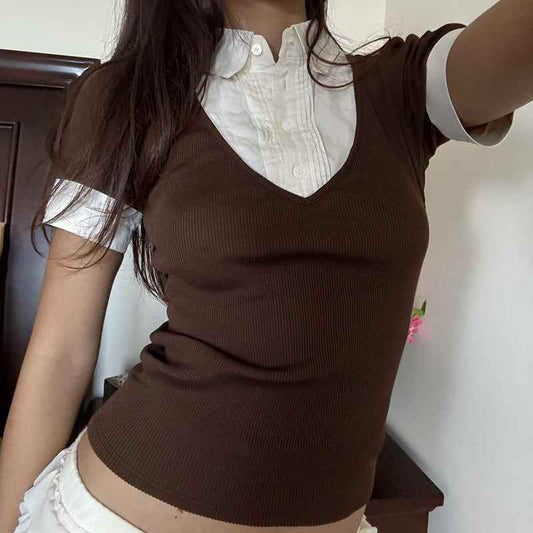 American Retro Polo Collar Stitching Fake Two Pieces Short Sleeve T-shirt For Women MuddyStock