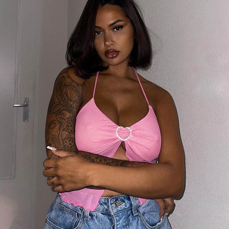 Pink Mesh Stitching Chest-wrapped Halter Vest For Women MuddyStock
