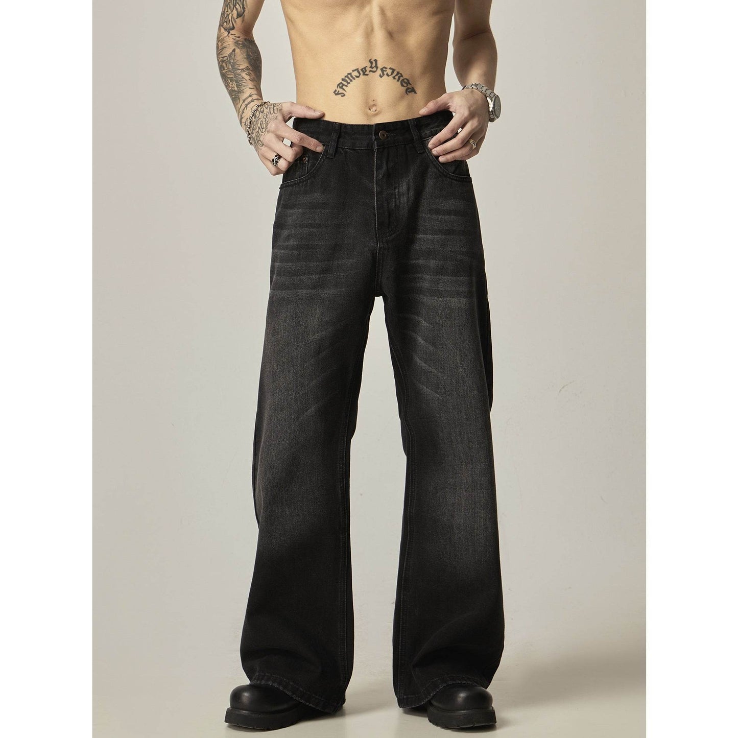 American Retro Black Loose Straight Jeans Black MuddyStock