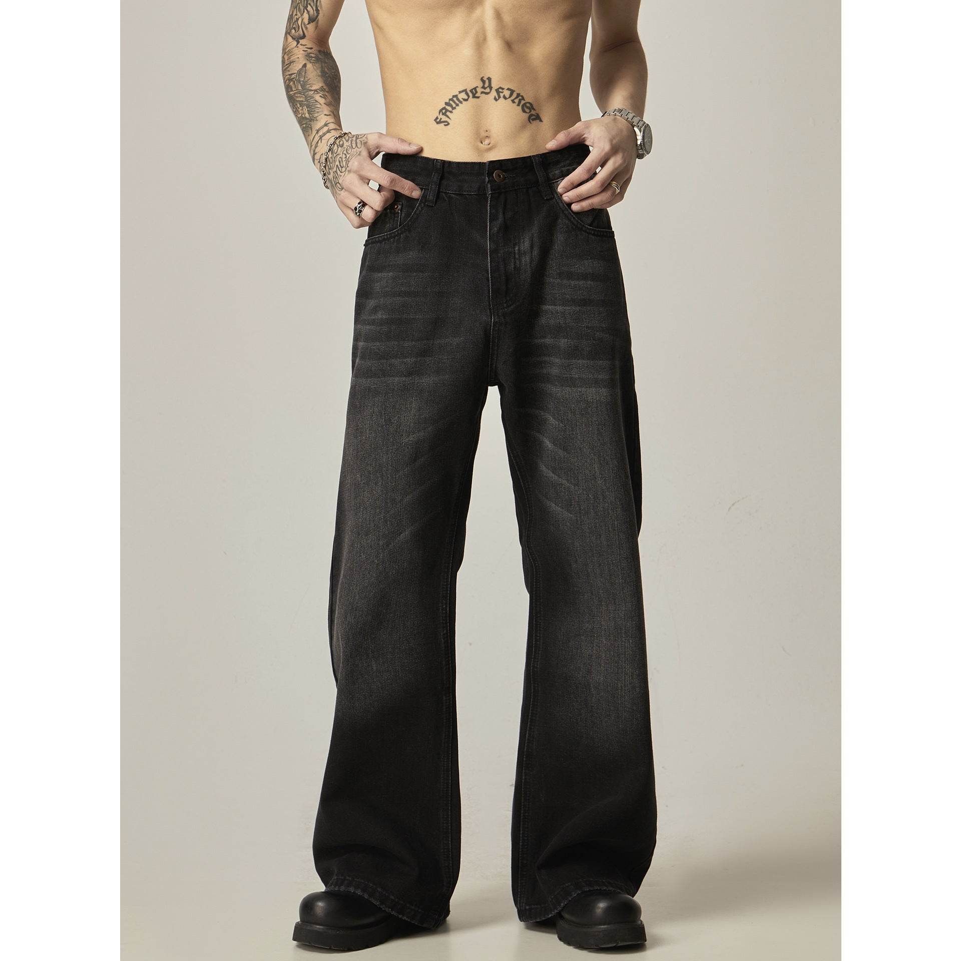 American Retro Black Loose Straight Jeans Black MuddyStock