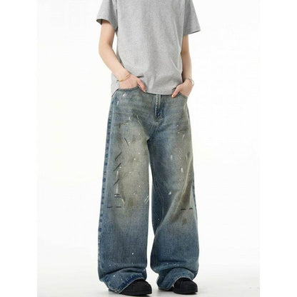 Splash-ink Jeans Men's Retro Washed Distressed Baggy Straight Trousers MuddyStock