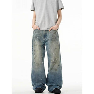 Splash-ink Jeans Men's Retro Washed Distressed Baggy Straight Trousers Blue