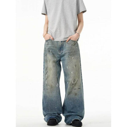 Splash-ink Jeans Men's Retro Washed Distressed Baggy Straight Trousers Blue MuddyStock