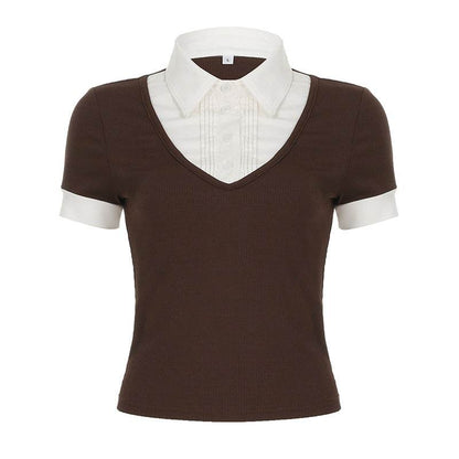 American Retro Polo Collar Stitching Fake Two Pieces Short Sleeve T-shirt For Women Brown MuddyStock