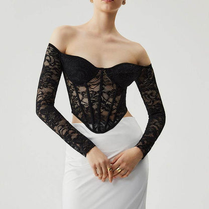 Translucent Off-shoulder Long Sleeves Top Black MuddyStock