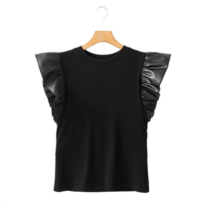 Pullover Women's Mesh Stitching Ruffle Cotton Short Sleeve Solid Color T-shirt MuddyStock