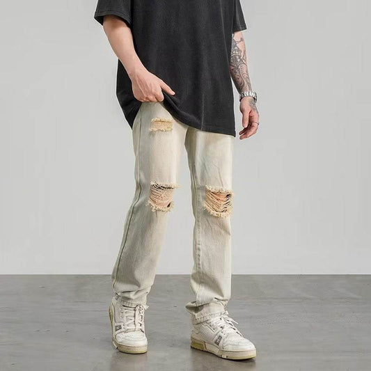 Ripped Jeans Men's Thin Yellow Mud Color Wide Leg MuddyStock