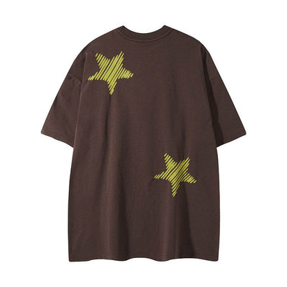 Cool Contrast Color Five-pointed Star Loose Top For Men And Women MuddyStock