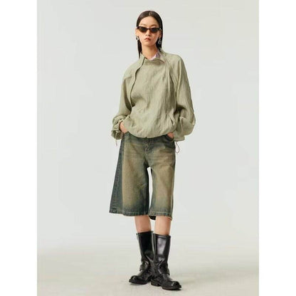 Washed Casual Baggy Straight Trousers Middle Ripped Cropped Pants Blue MuddyStock