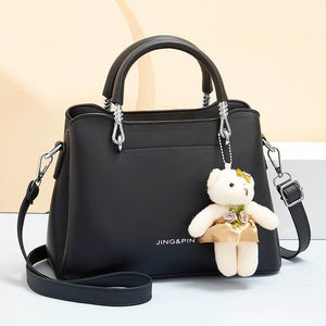 Handbag Shoulder Large Capacity Soft Leather Bear Pendant Women's Bag Black