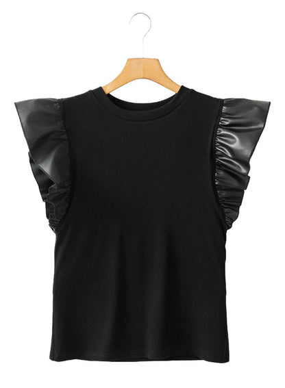 Pullover Women's Mesh Stitching Ruffle Cotton Short Sleeve Solid Color T-shirt Black MuddyStock
