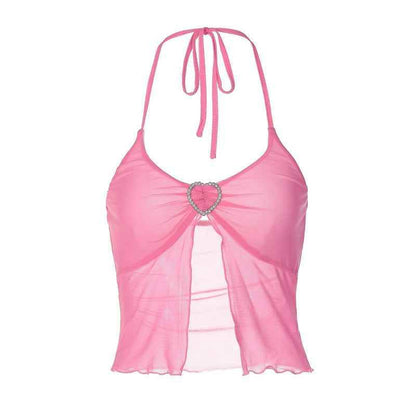 Pink Mesh Stitching Chest-wrapped Halter Vest For Women MuddyStock