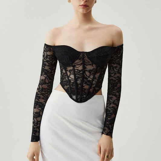 Translucent Off-shoulder Long Sleeves Top MuddyStock