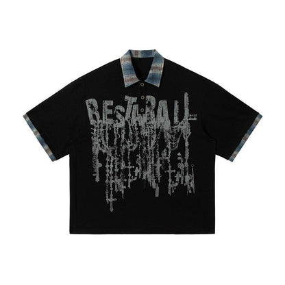 Lapel Graffiti Printing Loose Short-sleeved T-shirt For Men Residual Blue MuddyStock