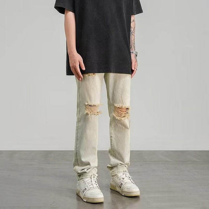 Ripped Jeans Men's Thin Yellow Mud Color Wide Leg MuddyStock