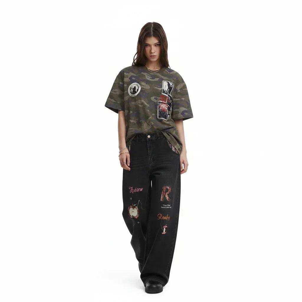 Retro plaid fun apple embroidered jeans for men and women | MuddyStock Originals