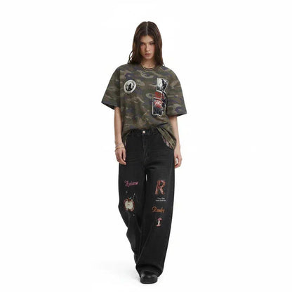 Retro plaid fun apple embroidered jeans for men and women | MuddyStock Originals