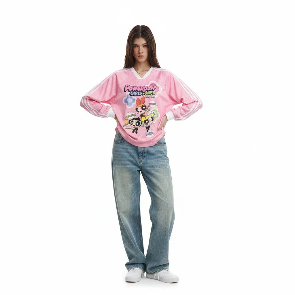 Striped Cartoon Letter Print V-Neck Long Sleeve T-Shirt For Women | MuddyStock Originals MuddyStock