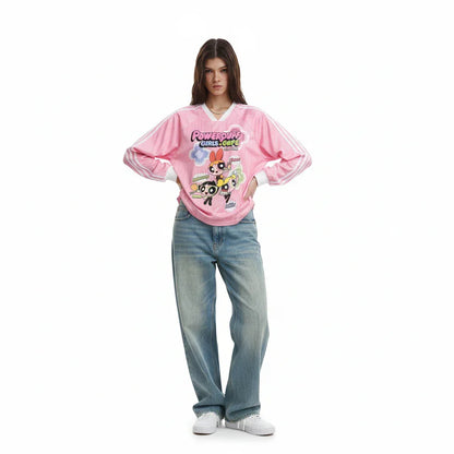 Striped Cartoon Letter Print V-Neck Long Sleeve T-Shirt For Women | MuddyStock Originals MuddyStock