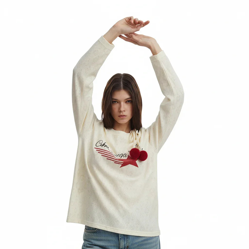 Retro printed wool ball strap off shoulder long sleeved T-shirt for women| MuddyStock Originals eprolo