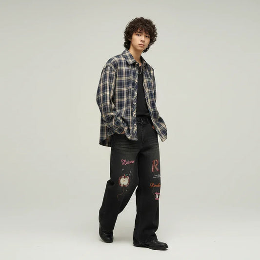 Retro plaid fun apple embroidered jeans for men and women | MuddyStock Originals