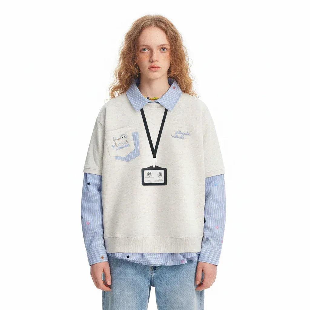Kitten embroidered striped patchwork fake two-piece Shirt For Women | MuddyStock Originals