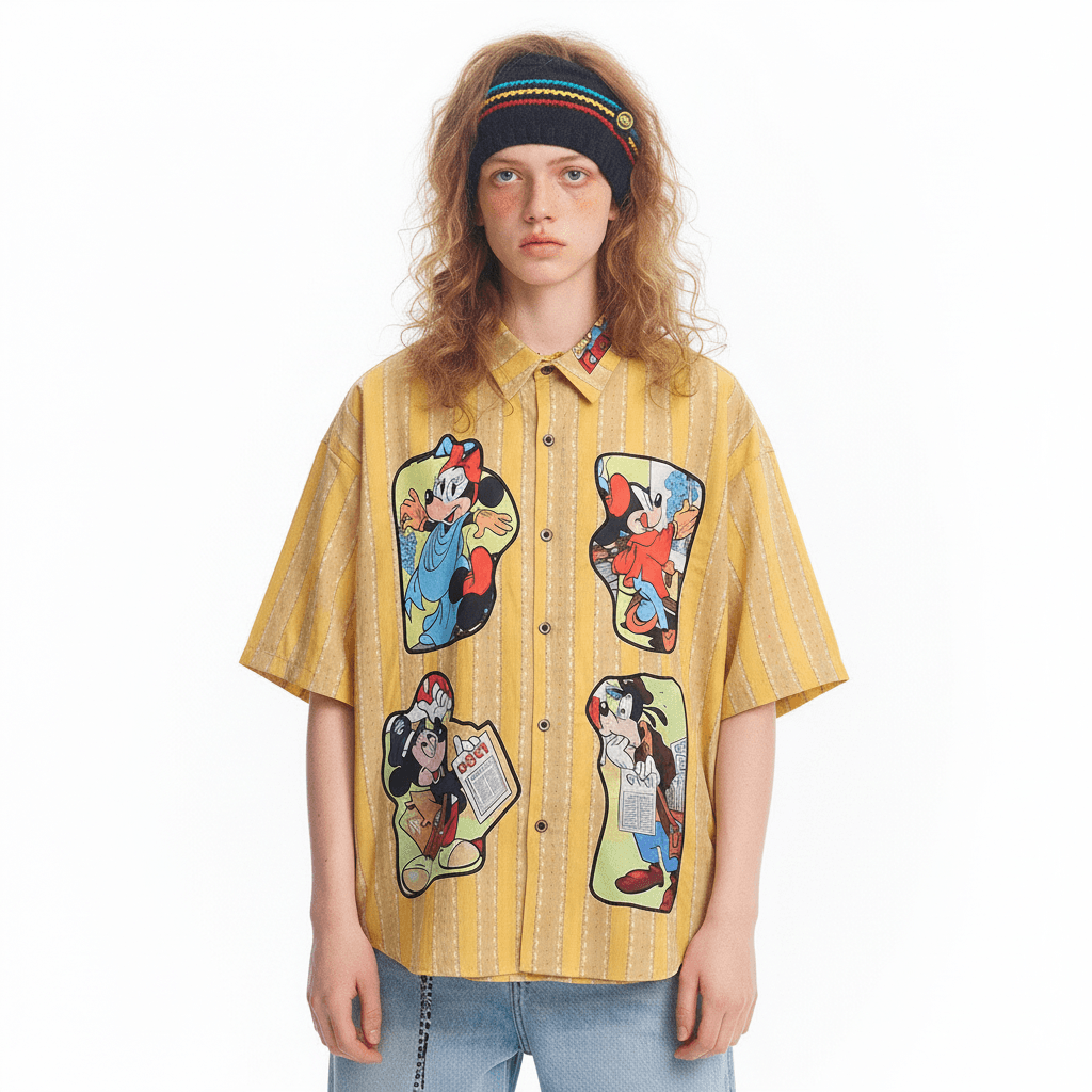 Retro Cartoon Applique Striped Short Sleeve Shirt for Men and Women | MuddyStock Originals