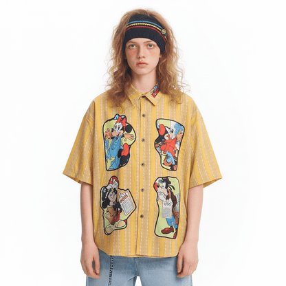 Retro Cartoon Applique Striped Short Sleeve Shirt for Men and Women | MuddyStock Originals