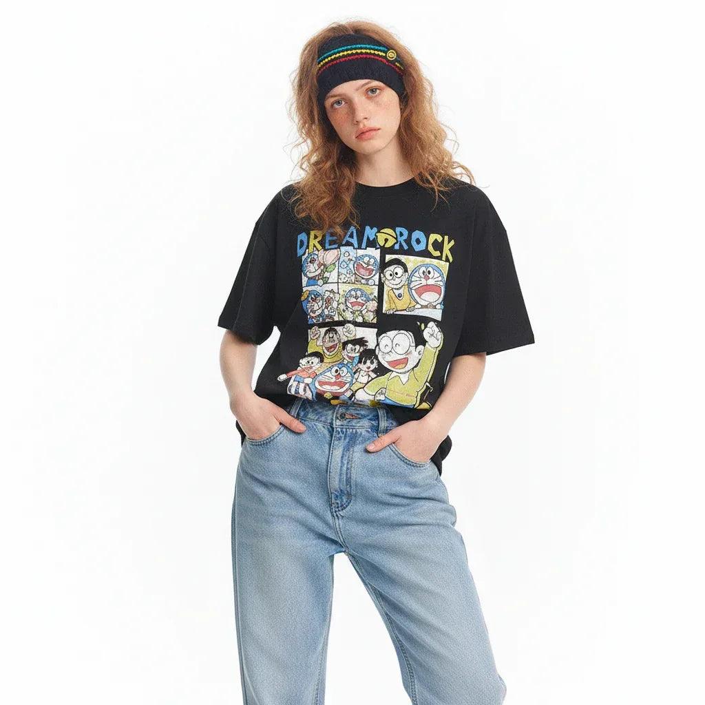 Retro Fun Doraemon Print Short Sleeve T-Shirt For Men And Women
